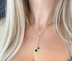 Sima - Double Drop 18k Gold Plated Black Onyx & Swarovski Clover Necklace