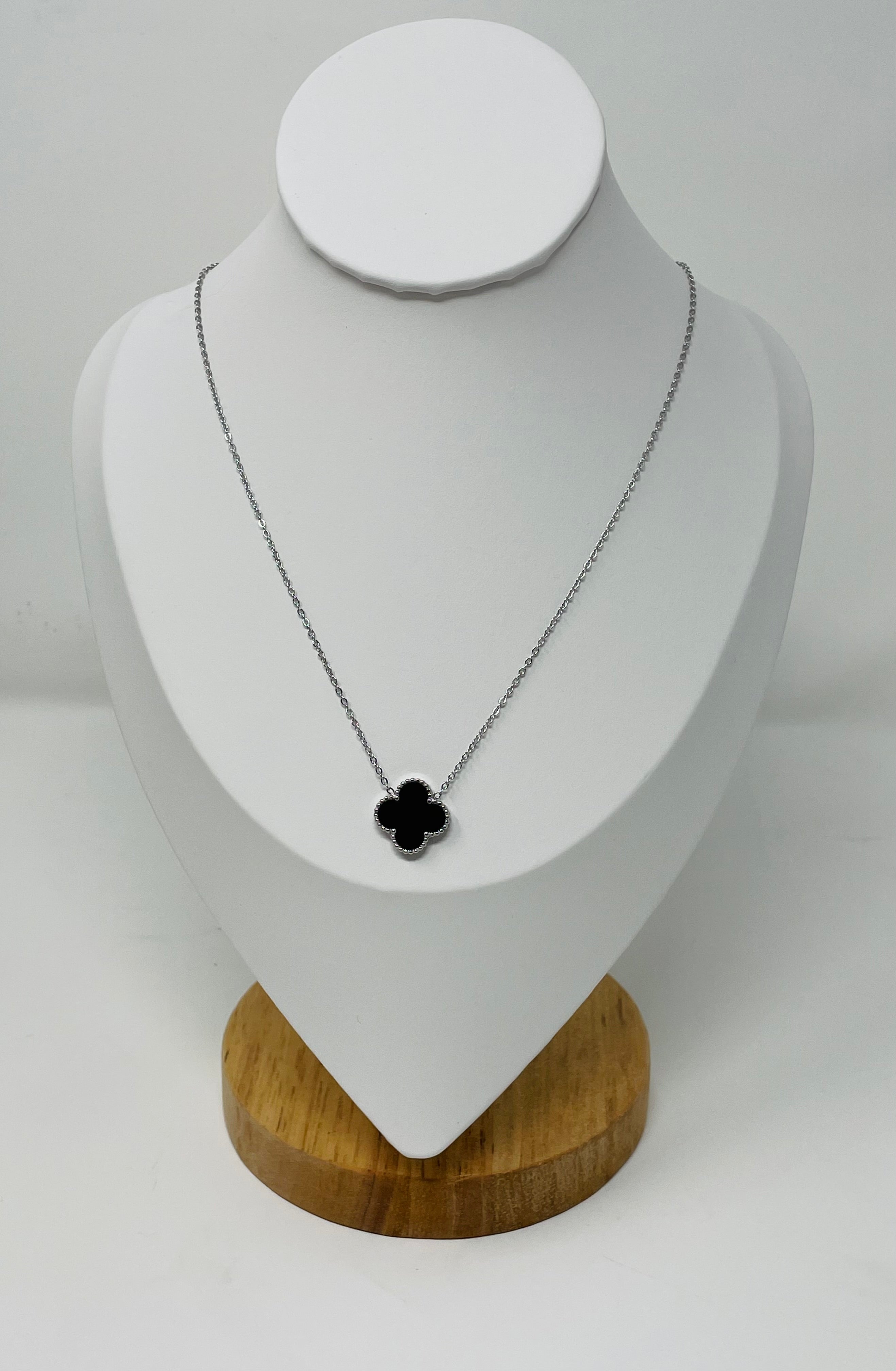 Reya - 18k White Gold Plated Black Onyx Clover Necklace - New for 2025