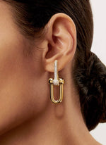 Load image into Gallery viewer, Madi - 18k Gold Plated Designer Inspired Hardware 2” Double Drop Earrings with Pavé Swarovski Crystals
