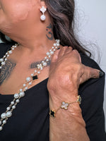 Load image into Gallery viewer, Khyati White Pearl - REVERSIBLE Black &amp; Swarovski Crystal Clover Long Pearl Necklace
