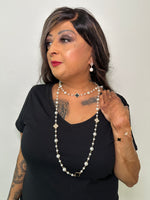Load image into Gallery viewer, Khyati Grey &amp; White Pearl - REVERSIBLE Black &amp; Swarovski Crystal Clover Long Pearl Necklace
