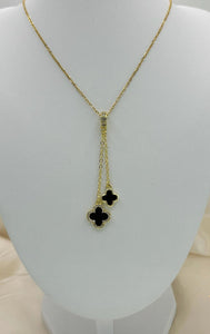 Sima - Double Drop 18k Gold Plated Black Onyx & Swarovski Clover Necklace