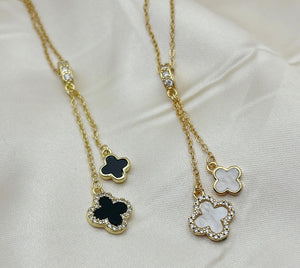 Sima - Double Drop 18k Gold Plated Black Onyx & Swarovski Clover Necklace