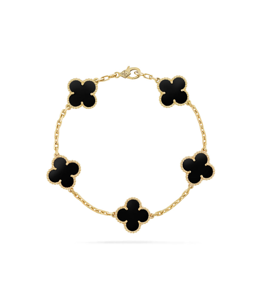 Suhaavi - 18k Gold Plated Black Onyx Clover Necklace