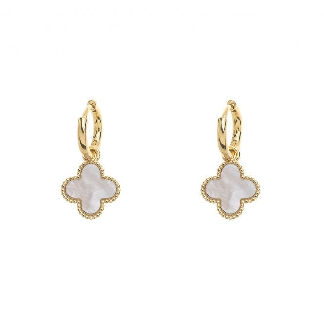 Alessia - REVERSIBLE White Mother of Pearl Clover Dainty Dangle Drop Earrings - 18k Gold Vermeil