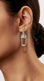 Load image into Gallery viewer, Madi - 18k White Gold Plated Designer Inspired Hardware 2” Double Drop Earrings with Pavé Swarovski Crystals
