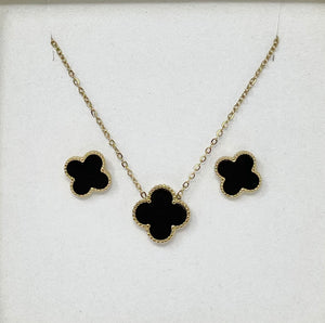 Khushi - 18k Gold Plated Black Onyx Clover Necklace & Studs Set - New for 2024