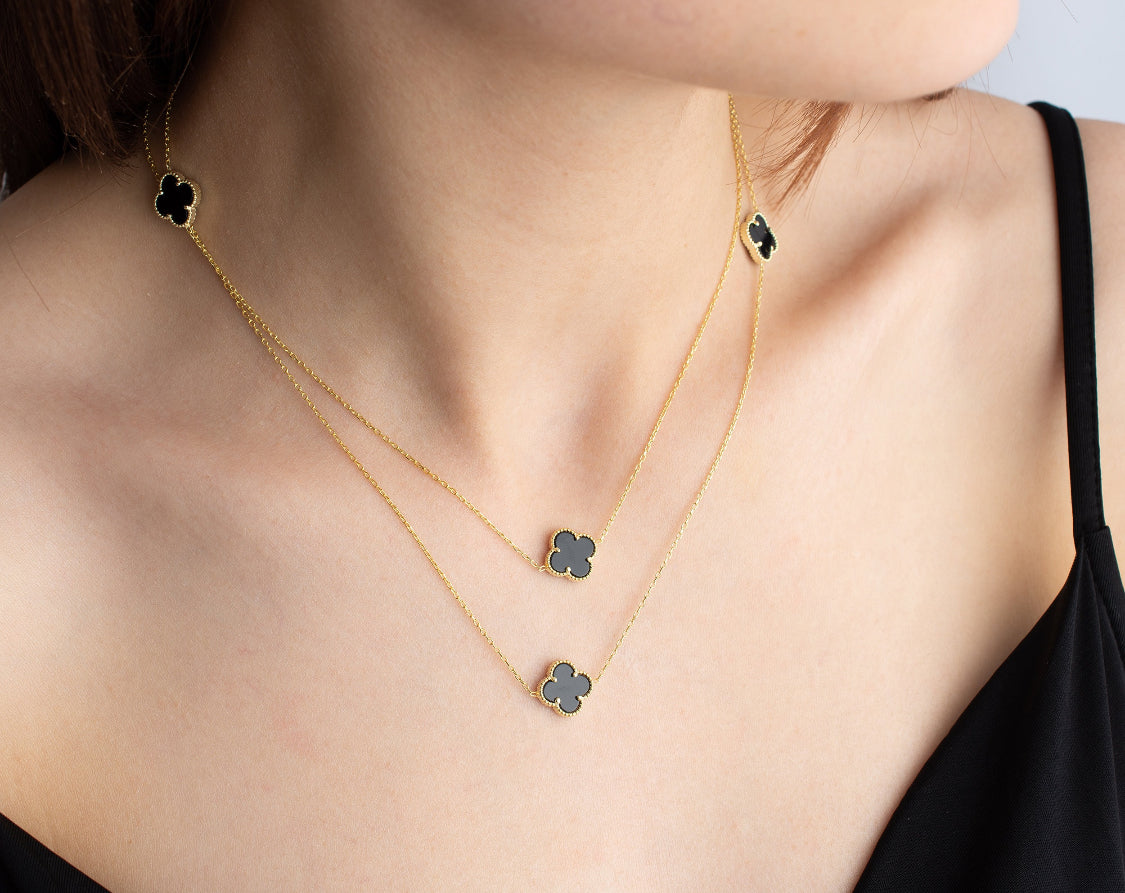 Bindya - 18k Gold Plated Clover Necklace With Black Onyx Detail