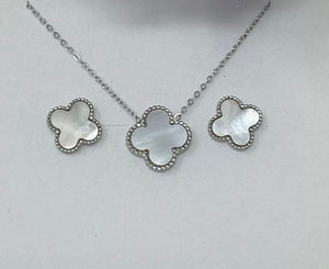 Dia - 18k White Gold Plated Mother of Pearl Clover Necklace & Studs Set - New for 2025