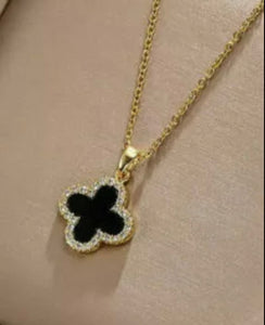 Verity GOLD - REVERSIBLE Black & Mother of Pearl Clover Necklace with Swarovski Crystals