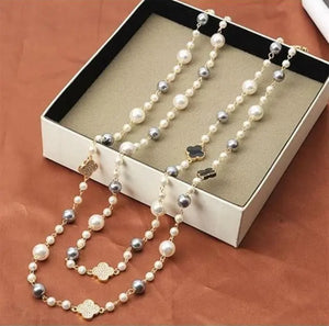 Khyati Grey & White Pearl - REVERSIBLE Black & Swarovski Crystal Clover Long Pearl Necklace