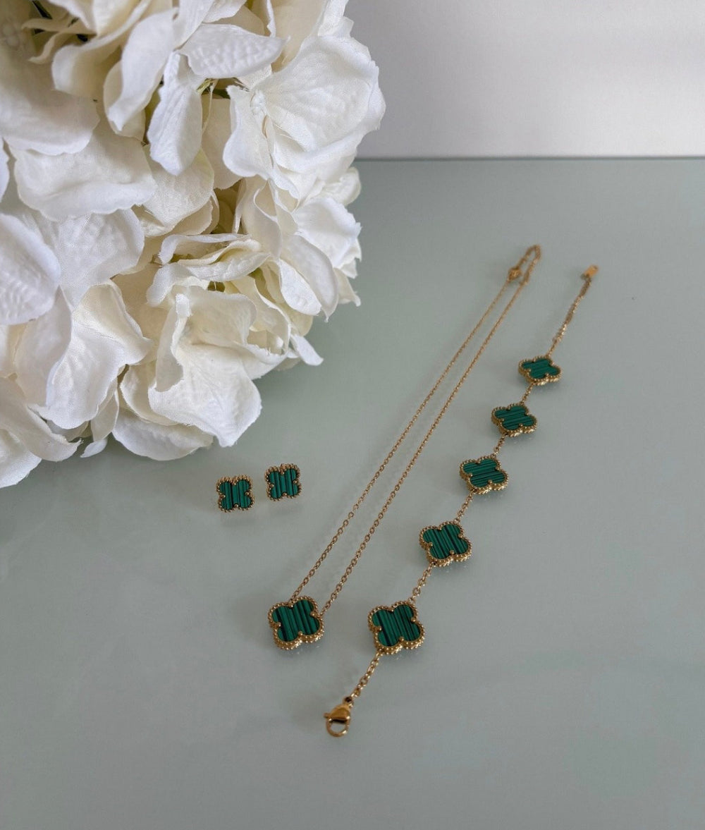 Vilash - 18k Gold Plated & Malachite Clover Necklace, Bracelet & Studs Set