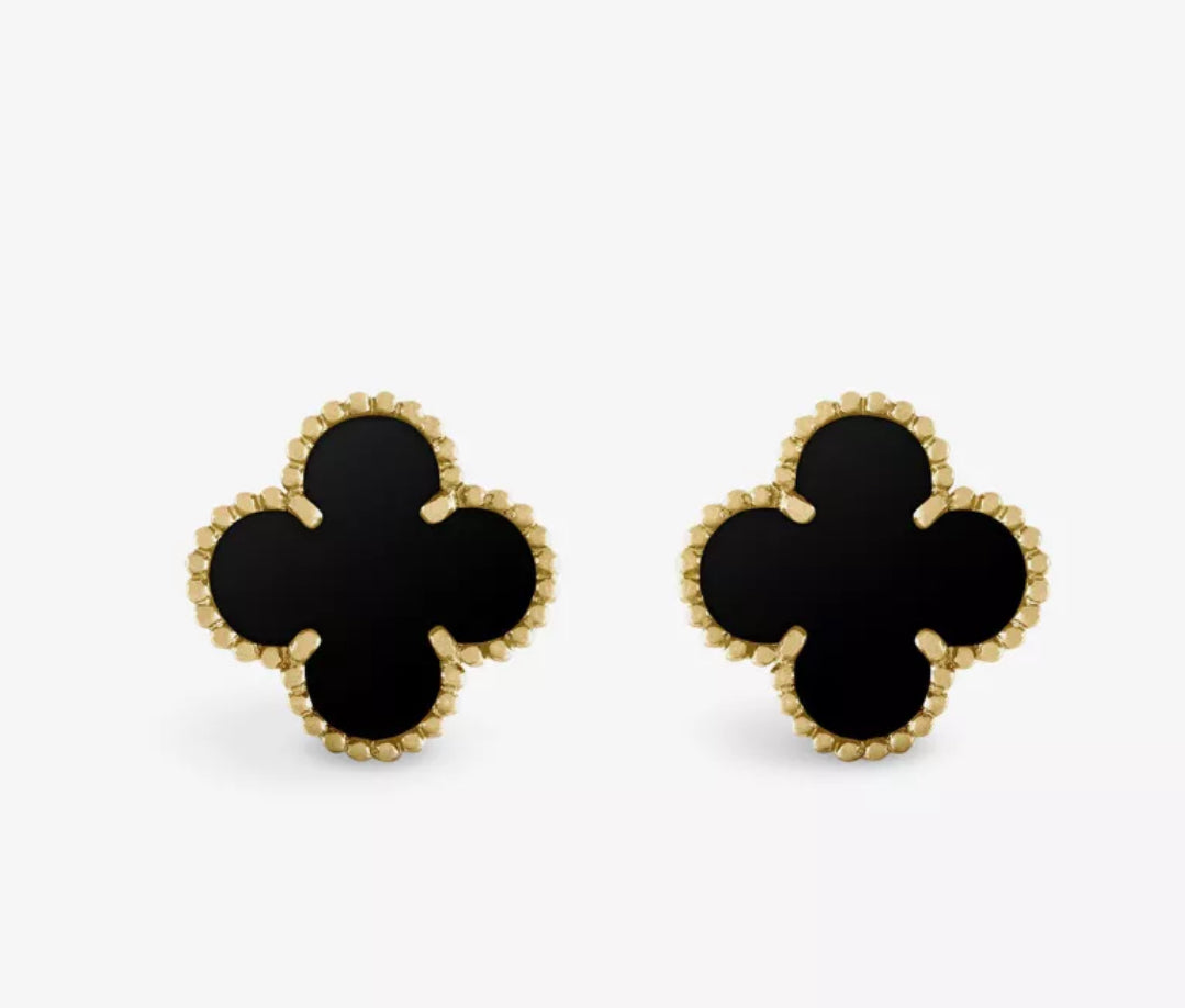 Gabriella - 18k Gold Plated Black Onyx Clover Studs - 10mm