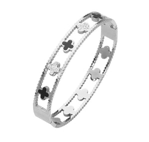 Ava - Stunning 18k Gold & Swarovski & Black Onyx Designer Clover Bangle