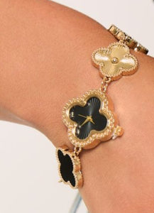 Roopa - 18K Gold Plated Clover Watch Bracelet - Black Clover/Swarovski Crystal/Gold filled