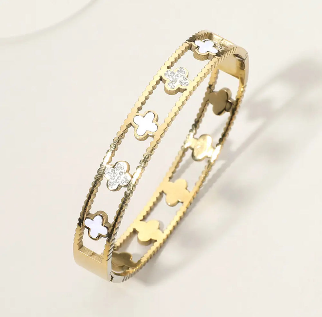 Ava - Stunning 18k Gold & Swarovski & Mother of Pearl Designer Clover Bangle