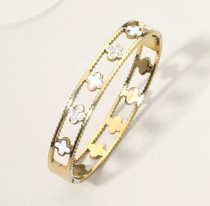 Ava - Stunning 18k Gold & Swarovski & Mother of Pearl Designer Clover Bangle