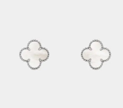 Sia - 18k White Gold Plated Mother of Pearl Clover Studs - 10mm