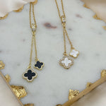 Load image into Gallery viewer, Sima - Double Drop 18k Gold Plated Mother Of Pearl &amp; Swarovski Clover Necklace
