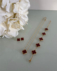 Tina - 18k Gold Plated & Burgundy Carnelian Clover Necklace, Bracelet & Studs Set