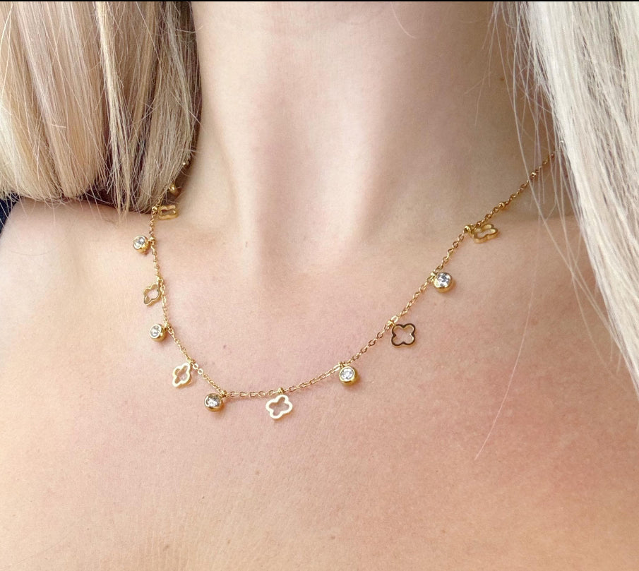 Aaliyah - 18k Gold Plated Crystal Clover Charm Necklace