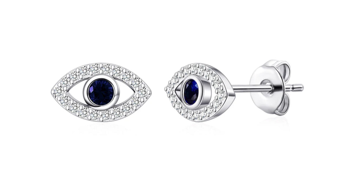 Sarah - 18k White Gold Plated Swarovski Nazar Evil Eye Tiny Studs - New for Christmas 2025