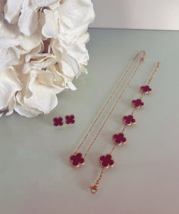 Tina - 18k Gold Plated & RED Clover Necklace, Bracelet & Studs Set