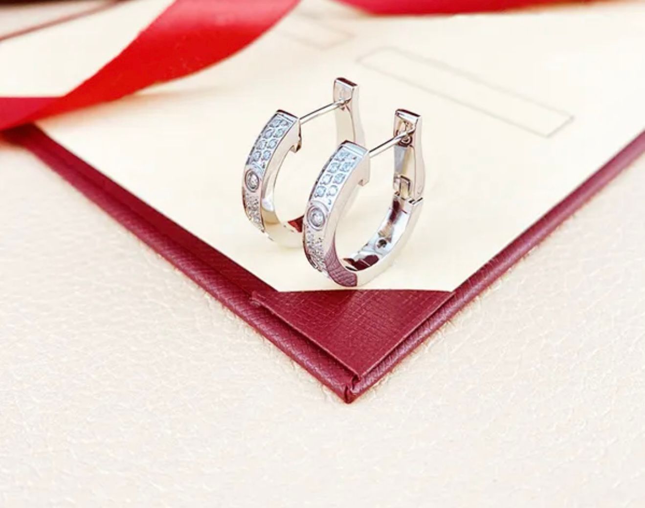 Tulsi - 18k White Gold Plated Love Design Sparkling Swarovski Crystal Pavé Huggies