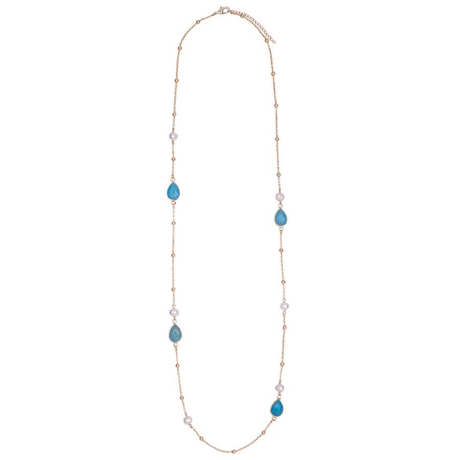 Keisha - Cerulean Semi Precious Crystal & Freshwater Pearl Long Necklace - 18k Gold Vermeil - New for 2024