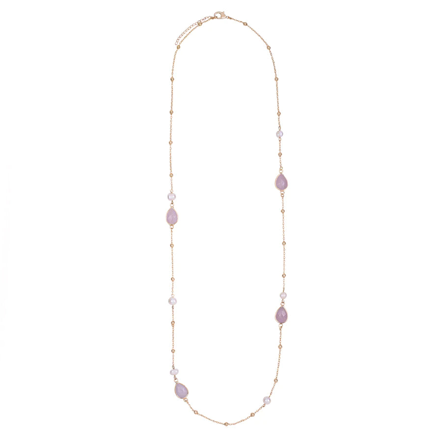 Keisha - Rose Quartz Semi Precious Crystal & Freshwater Pearl Long Necklace - 18k Gold Vermeil - New for 2024