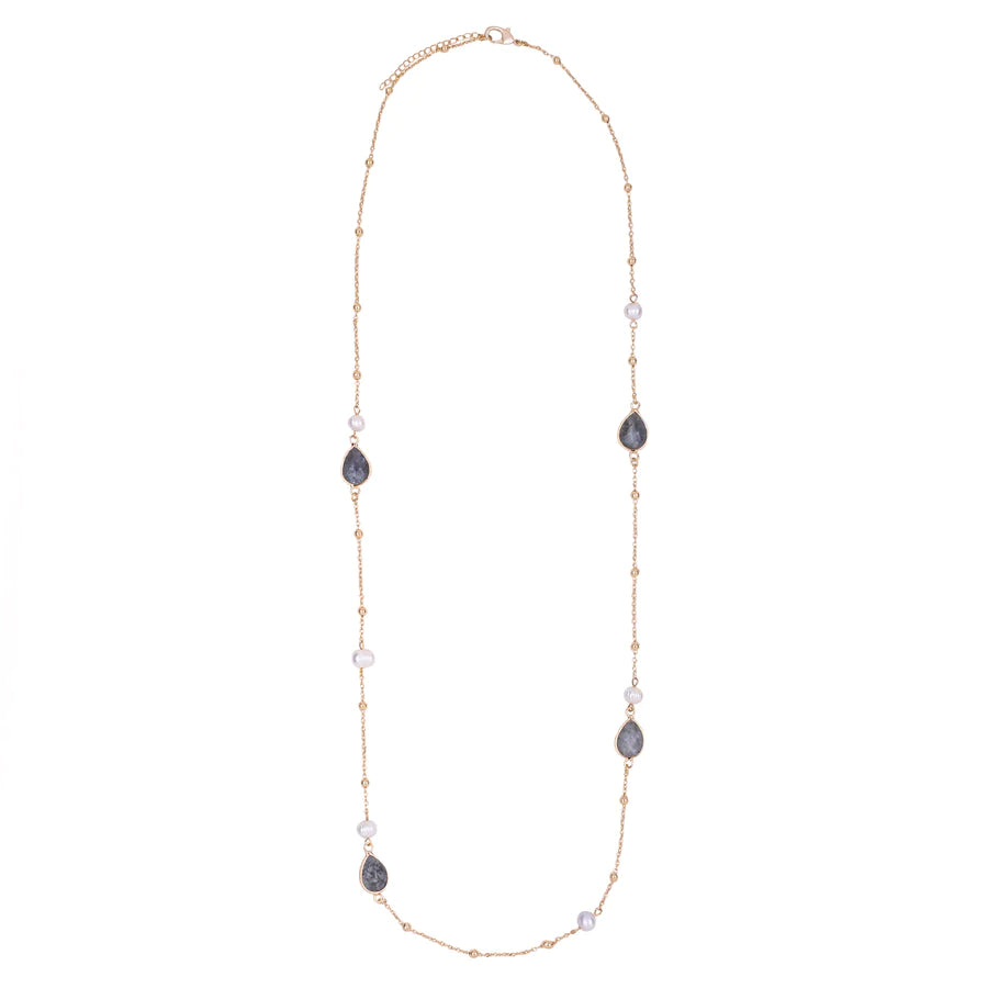 Keisha - Labradorite Semi Precious Crystal & Freshwater Pearl Long Necklace - 18k Gold Vermeil - New for 2024