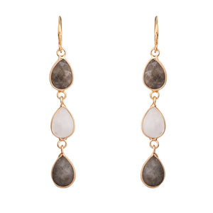 Kira - Moonstone & Laboradite Semi Precious Crystal Long Drop Earrings - 18k gold vermeil - New for 2024