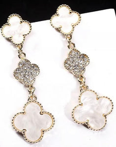 Sharifa - Sparkling Crystal & Mother of Pearl Clover Long Drop Earrings