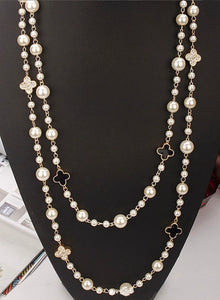 Khyati White Pearl - REVERSIBLE Black & Swarovski Crystal Clover Long Pearl Necklace