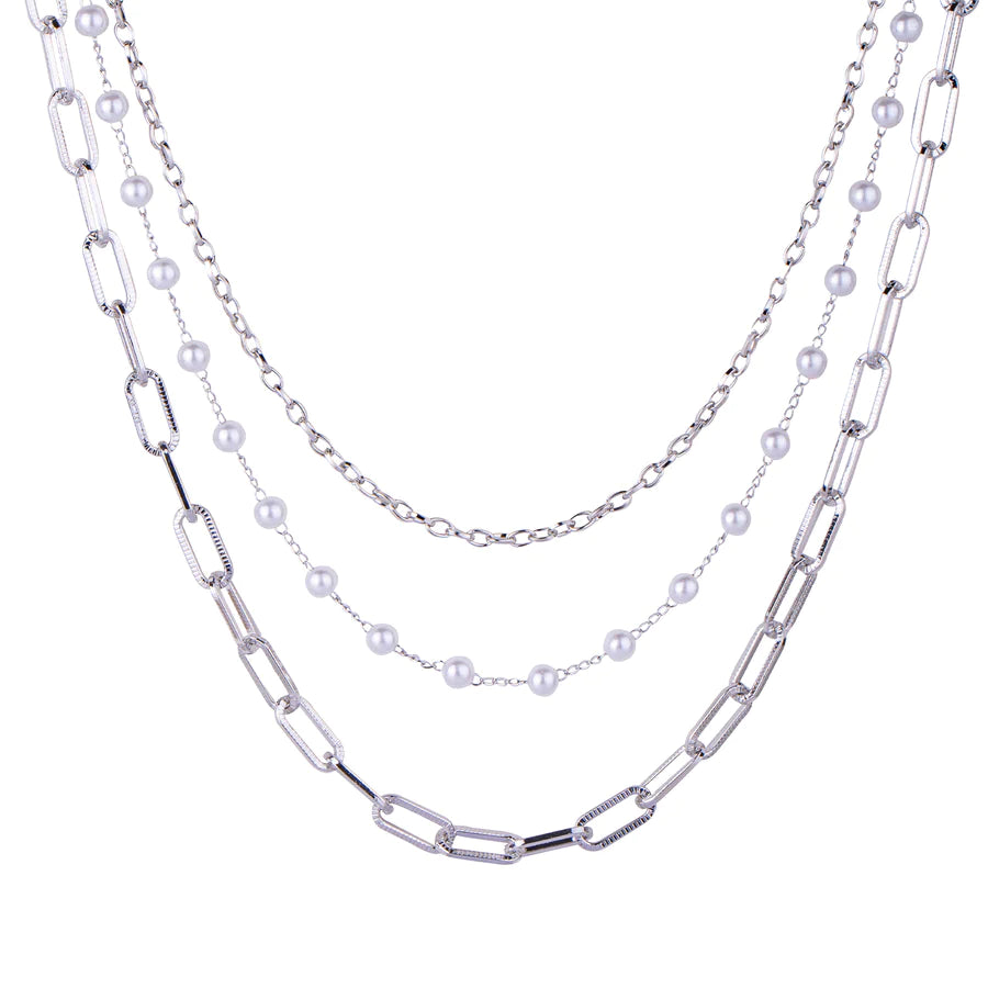 Khlarissa - 18k White Gold Vermeil & Freshwater Pearl 3 Layer Chain Link Necklace