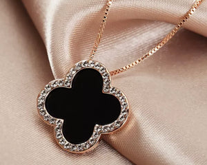 Yasmin - Black & Swarovski Crystal 18k Rose Gold Plated Clover Necklace
