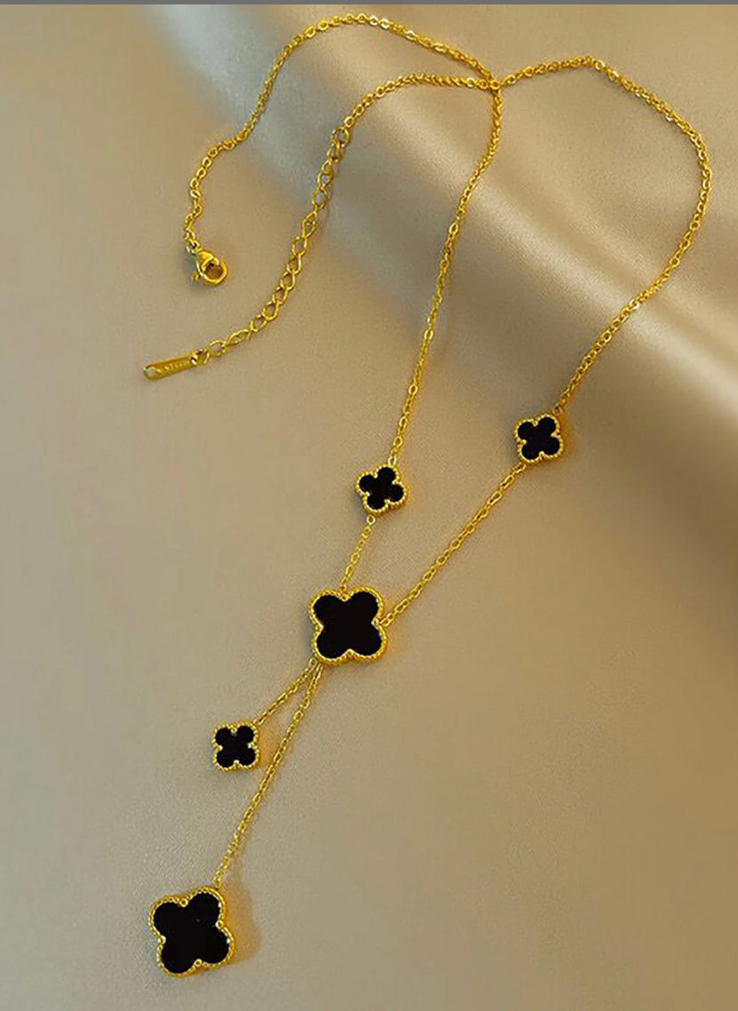 Alizah - REVERSIBLE 18k GP Black Onyx & White Mother Of Pearl Clover Necklace