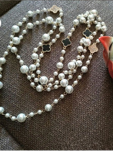 Khyati - REVERSIBLE Black & Swarovski Crystal Clover Long Pearl Necklace