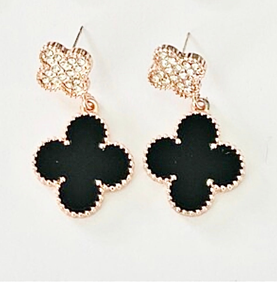 Sheetal - Sparkling Crystal & Black Clover Drop 18k Rose GP Earrings