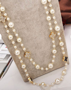Khyati White Pearl - REVERSIBLE Black & Swarovski Crystal Clover Long Pearl Necklace