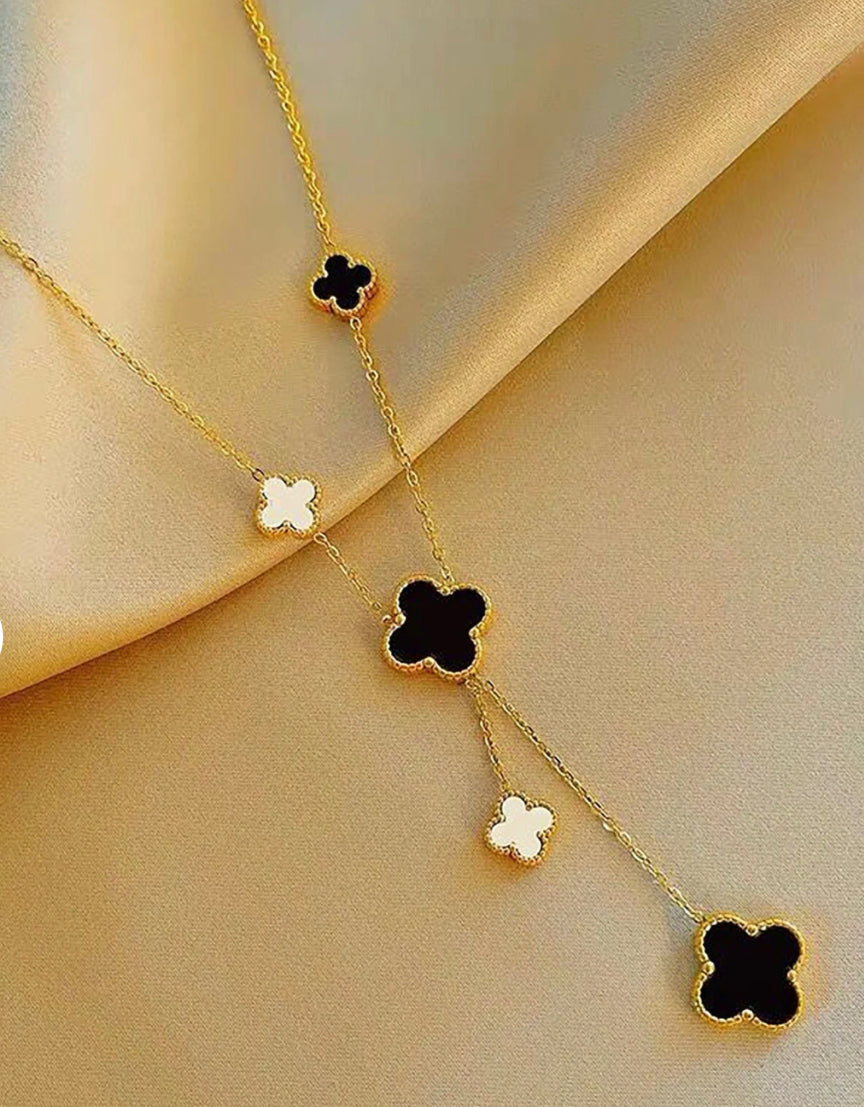 Alizah - REVERSIBLE 18k GP Black Onyx & White Mother Of Pearl Clover Necklace
